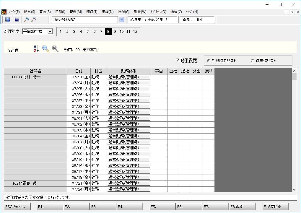 未打刻・遅早退チェック